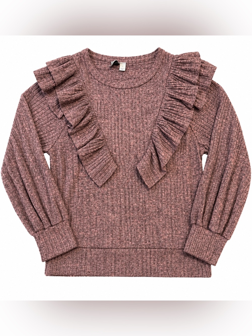 Misia Women’s Large Mauve Brown Ribbed Ruffle Sweater Long Sleeve Boho